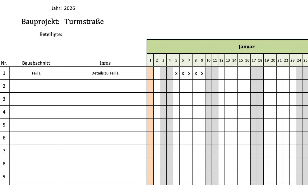 Umfassender Bauzeitenplan für 2026 mit Excel