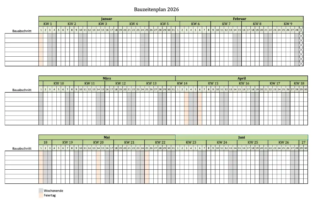 Screenshot zum Bauzeitenplan als Excelvorlage für 2026 mit Angabe der Kalenderwochen (KW)