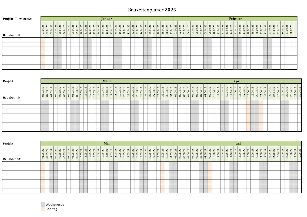 Screenshot zum Bauzeitenplan als Excelvorlage für 2025