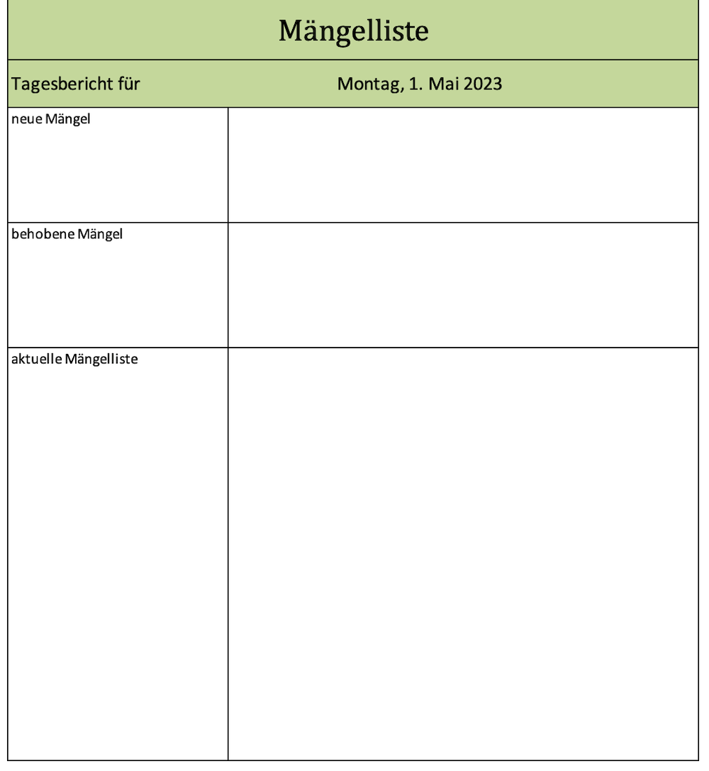Excel Vorlage für ein Bautagebuch