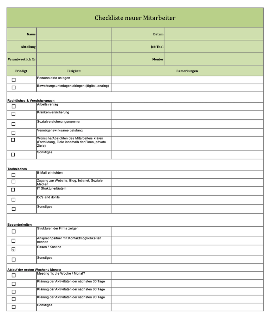 Screenshot der Checkliste für neue Mitarbeiter