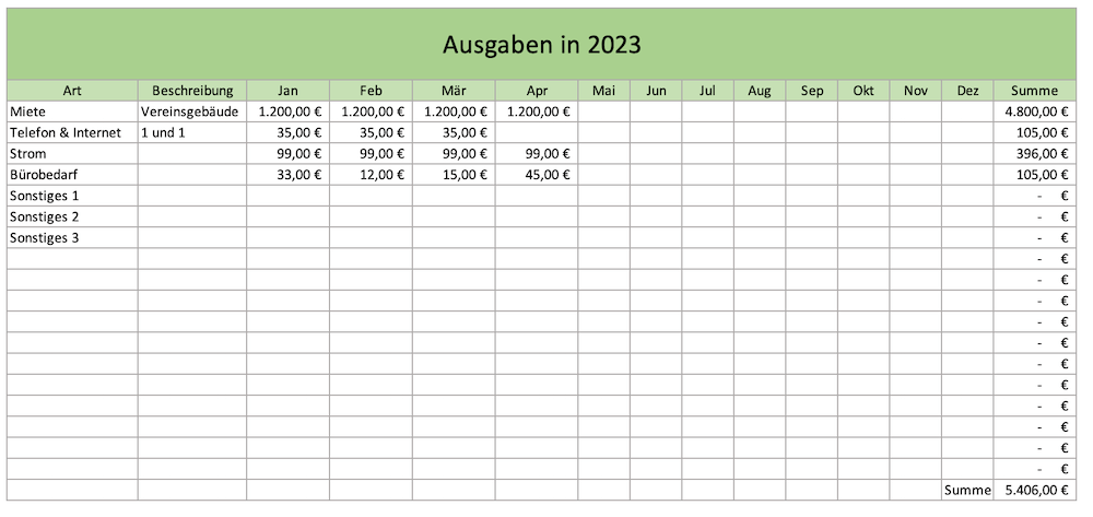 Ausgaben des Vereins mit Excel erfassen