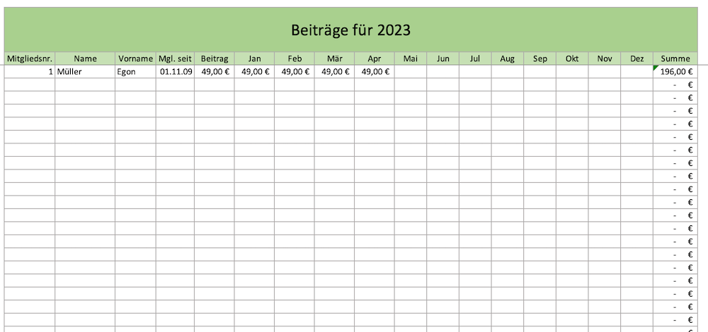 Mitglieder und deren Beitragszahlungen erfassen mit Excel