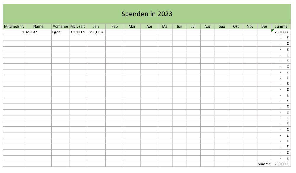 Wer hat wann dem Verein gespendet. Excelvorlage hilft dabei.