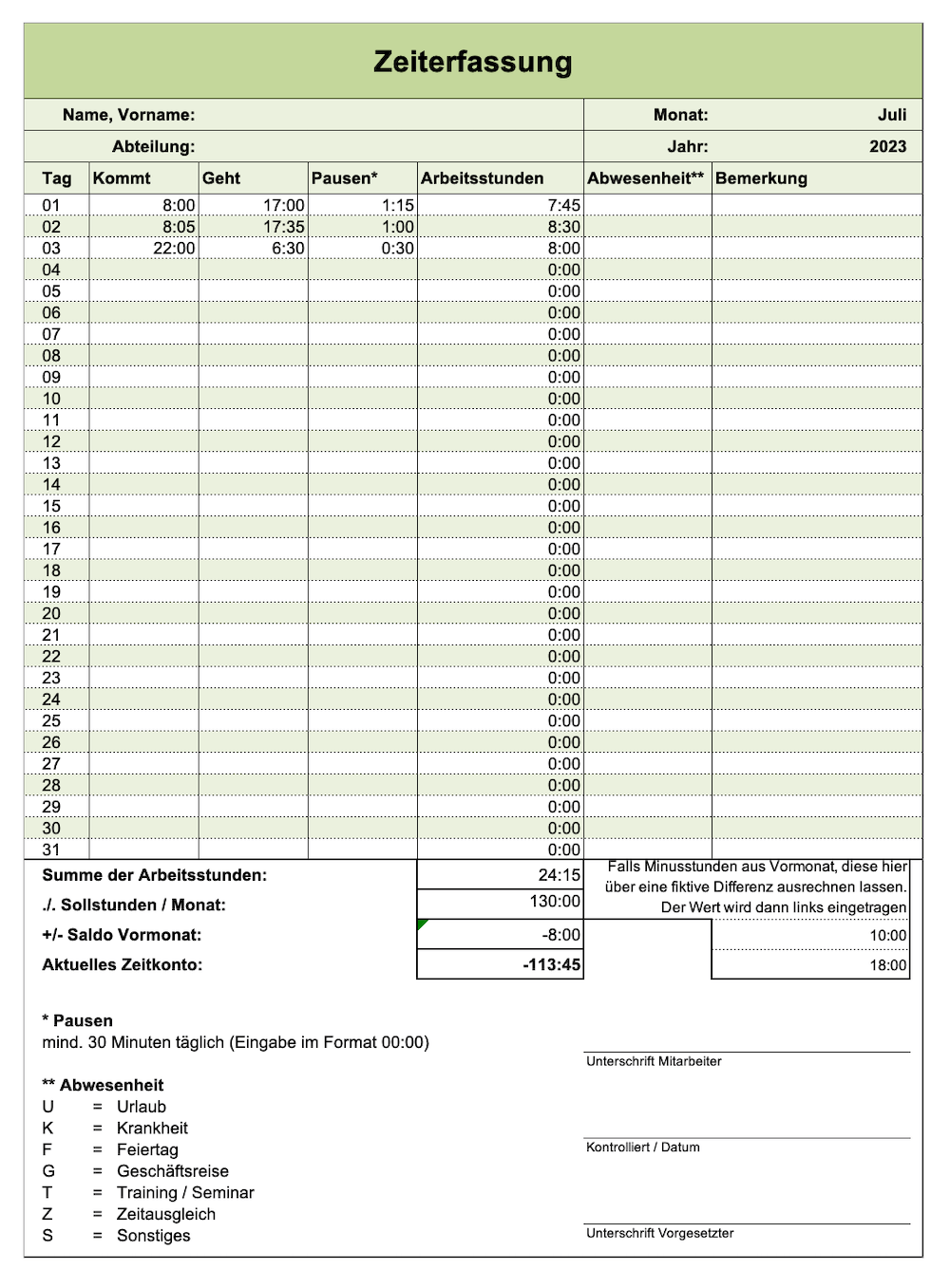 Arbeitszeiterfassung mit Excel (Screenshot)