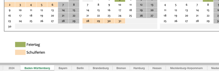 Excel Jahreskalender 2024 (inkl. Schulferien)