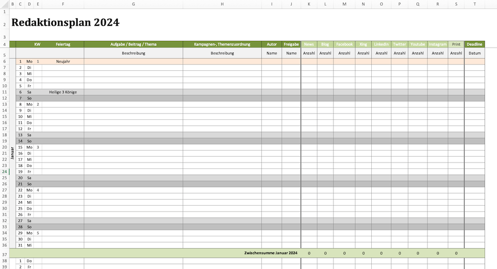 Redaktionsplaner 2024 - Screenshot vom Januar in Excel
