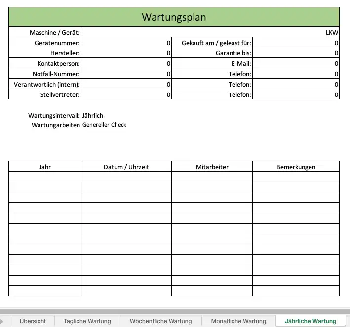 Jährlicher Excel Wartungsplan