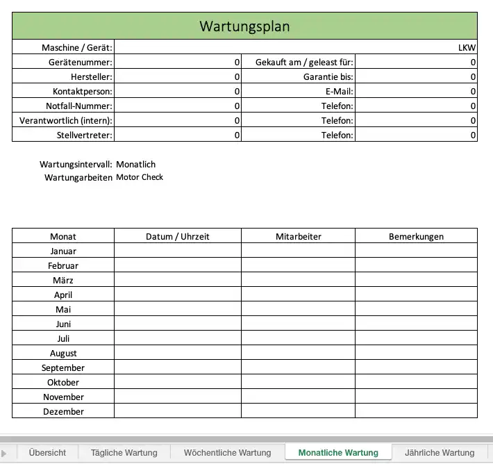 Monatlicher Wartungsplaner