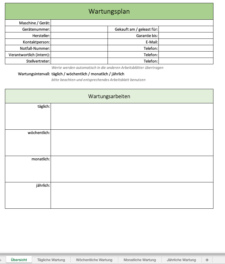 Übersicht des Wartungsplaners in Excel
