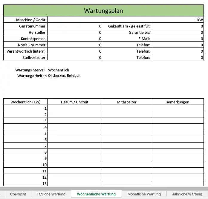 Wartungsintervall täglich mit Excel Wartungsplaner