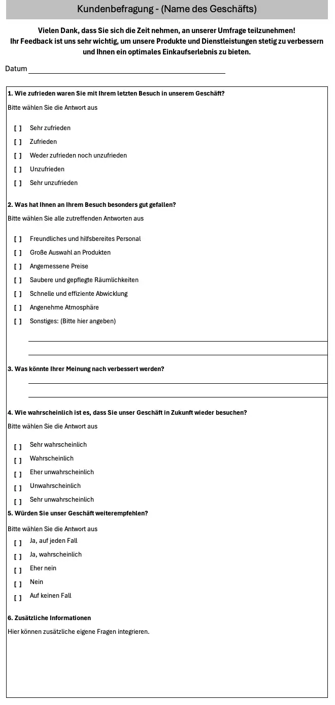 Bildschirmfoto eines Fragebogens zur Kundenbefragung (Excel-Vorlage)