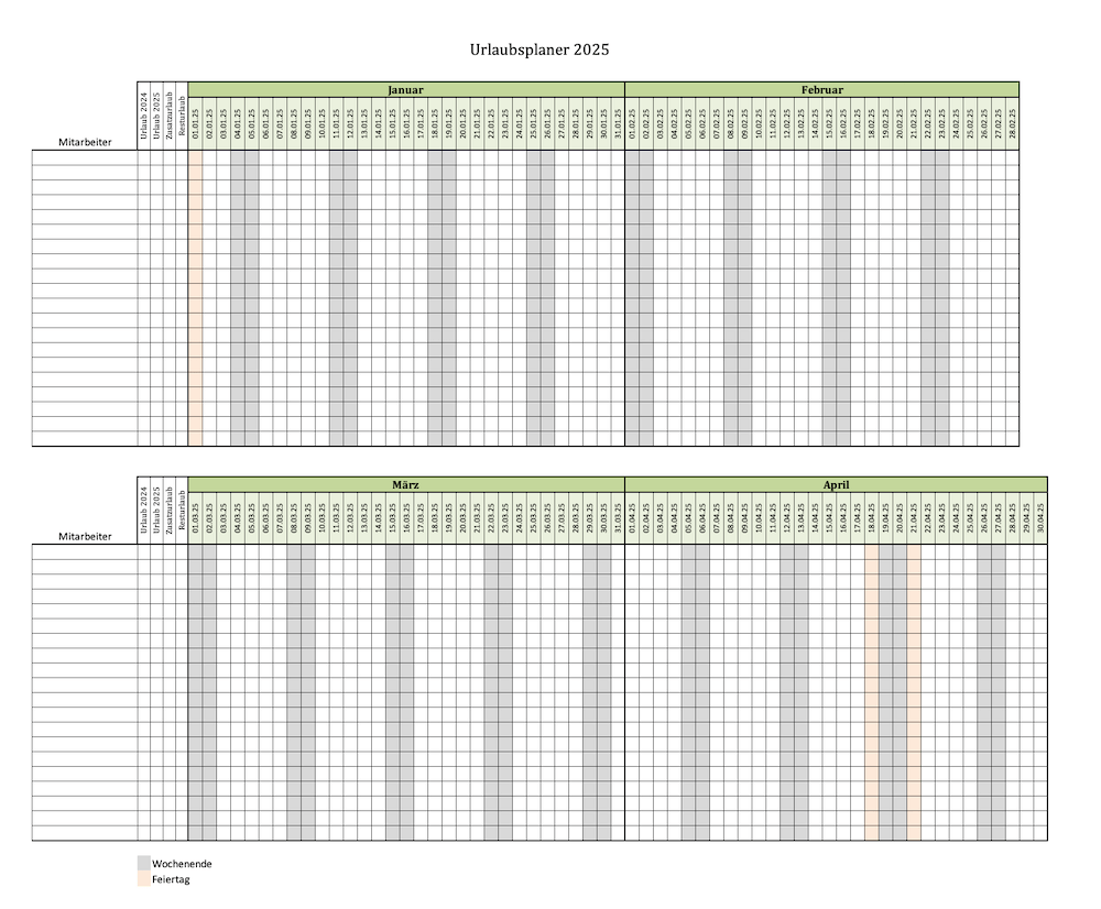 Urlaubskalender für 20 Mitarbeiter mit Excel (Screenshot)