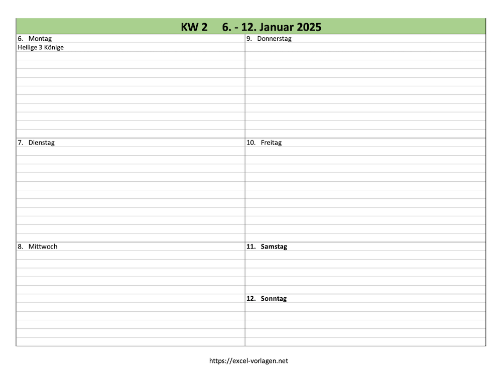Screenshot vom Wochenkalender für 2025 als Exceldatei oder PDF.