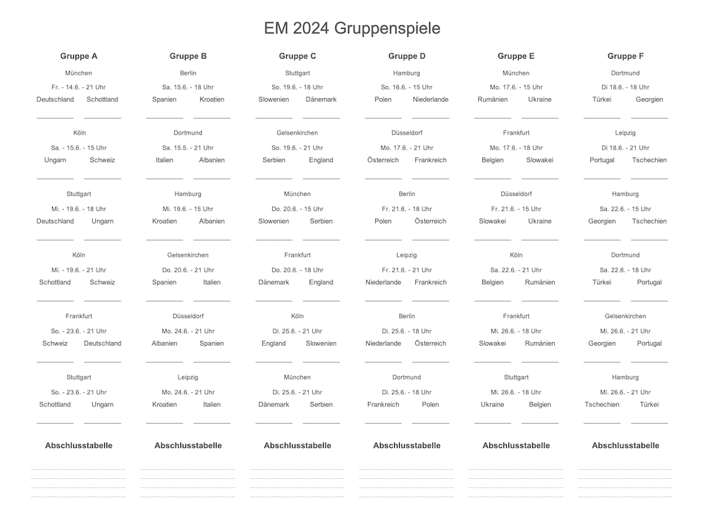 Simpler Spielplan EM 2024 PDF
