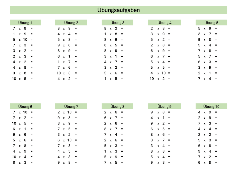 Einmaleins-Übungsblatt mit Excel