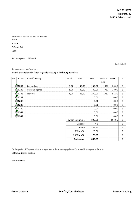 Screenshot der Rechnungsvorlage mit Excel (7 und 19 % Mehrwertsteuer).