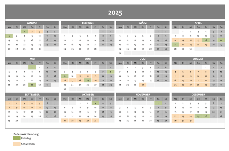 Excel Jahreskalender 2025 (inkl. Schulferien)
