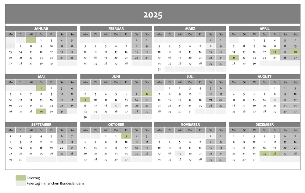 Excel Jahreskalender 2025 (inkl. Schulferien)