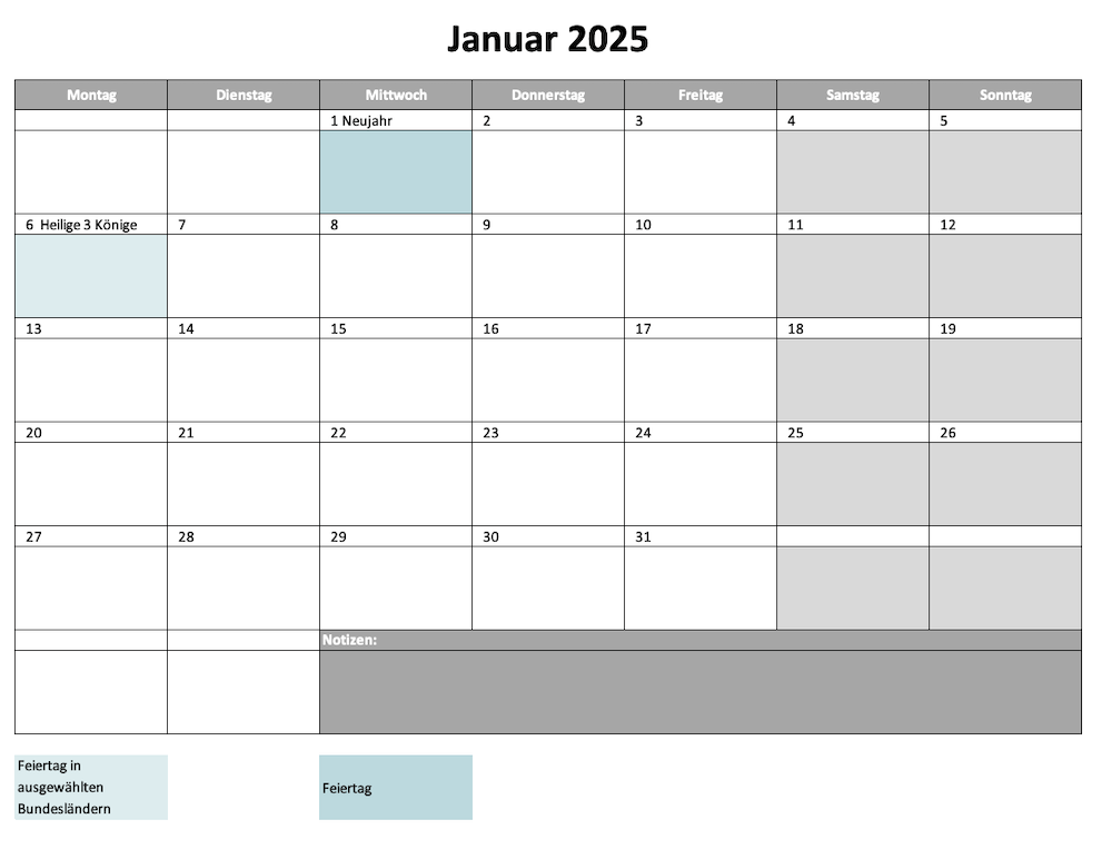 Monatskalender 2025 am Beispiel Januar (Screenshot)