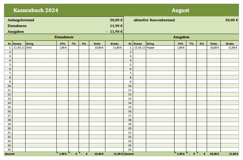 Excel Kassenbuch mit Mehrwertsteuer (Screenshot)