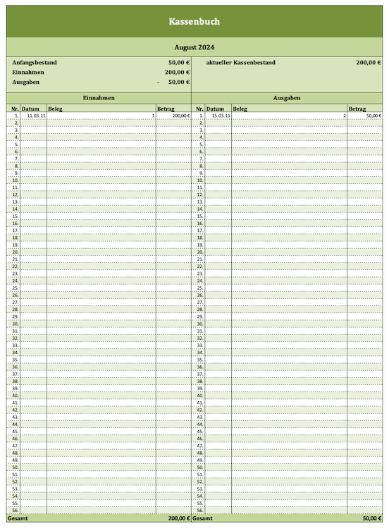 Screenshot vom Kassenbuch mit Excel