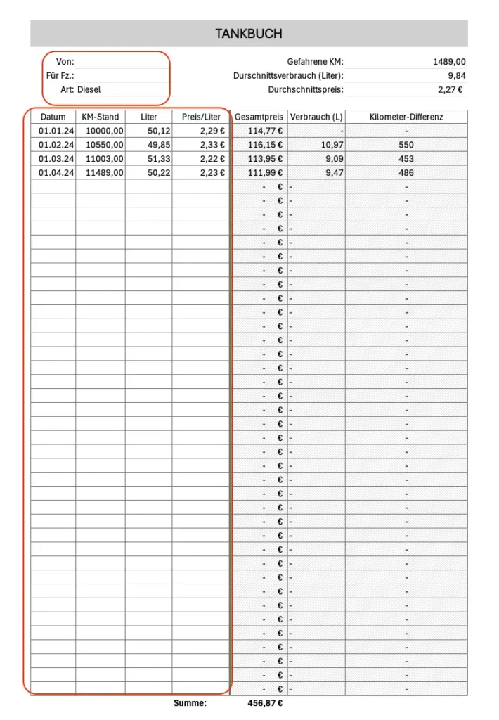 Voransicht auf das Tankbuch als Excel-Vorlage