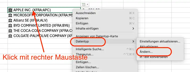 Screenshot in Excel Aktie ändern über Datentyp ändern