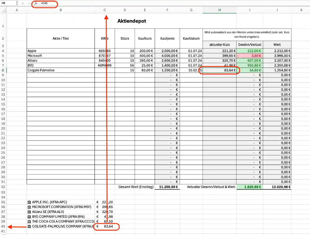 Screenshot in Excel Zelle mit Aktienpreis verknüpfen
