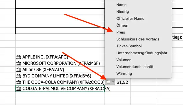 Screenshot Preis der Aktie in Excel anzeigen lassen