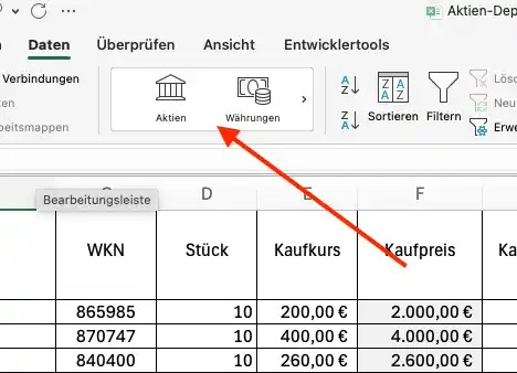 Screenshot der Aktien-Funktion im Ribbon von Excel