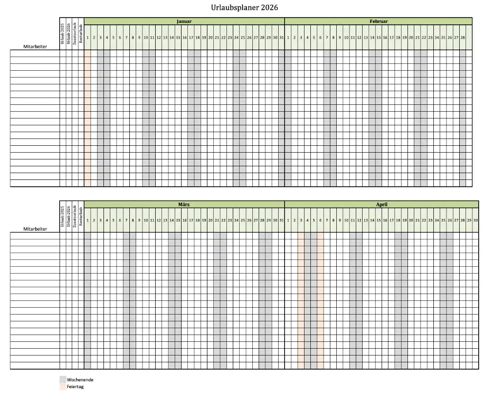 Urlaubsplaner für bis zu 20 Mitarbeiter (Screenshot der Excel-Vorlage)