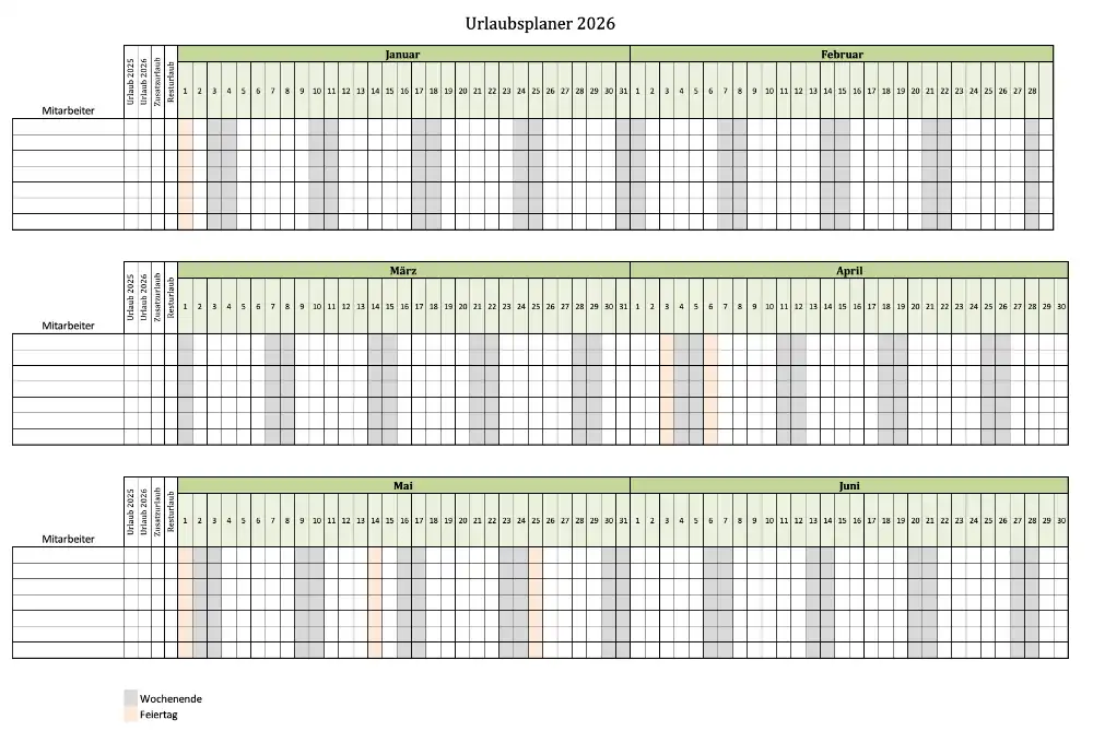 Urlaubsplaner Excel Vorlage für 2026 für 7 Mitarbeiter (Screenshot)