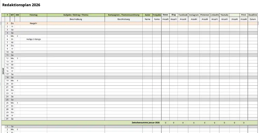 Redaktionsplan 2026 am Beispiel Januar (Screenshot)