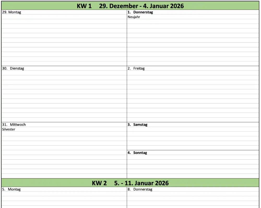 Screenshot vom Wochenkalender für 2026 als Exceldatei oder PDF.