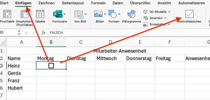 Kontrollkästchen in Excel einfügen