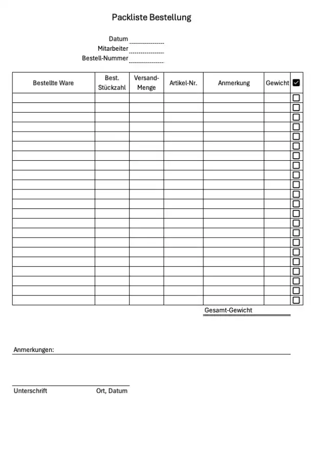 Packliste für den Warenversand