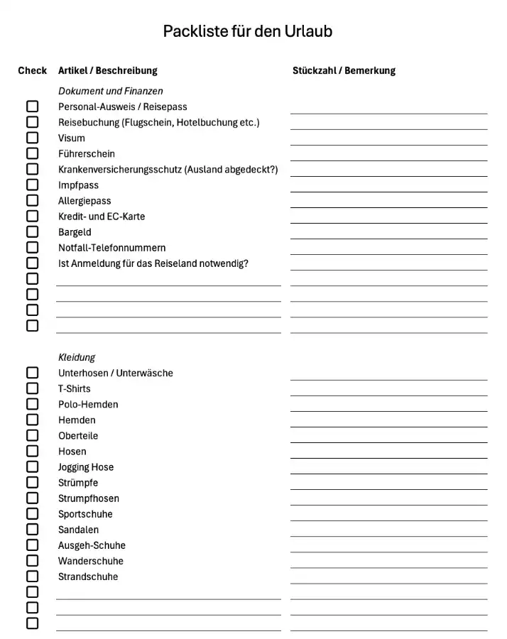 Checkliste für den Urlaub mit Excel-Vorlage
