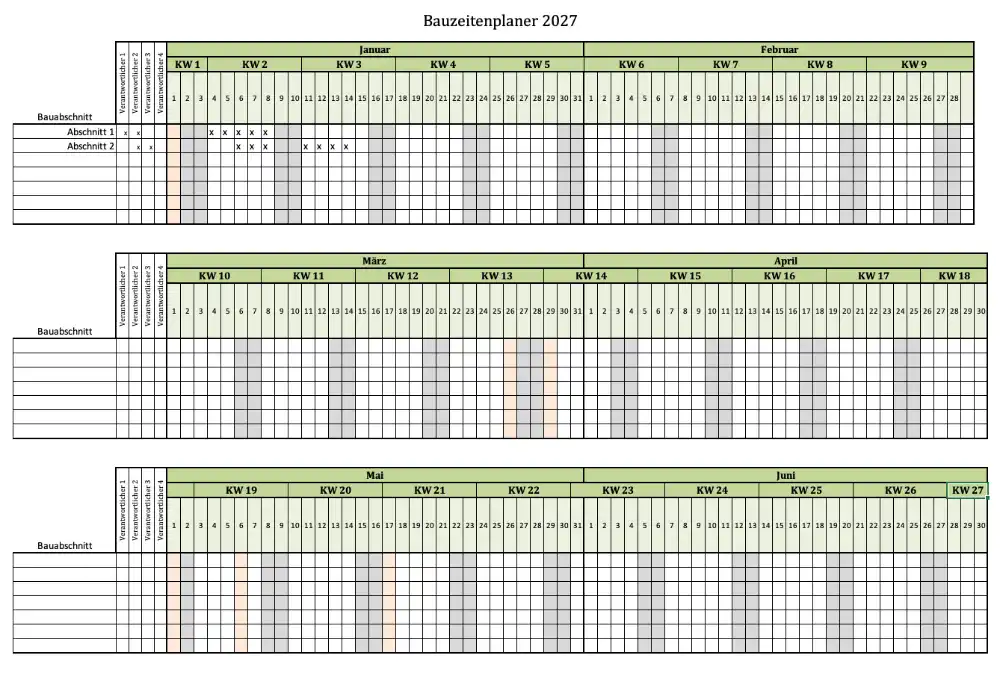 Screenshot zum Bauzeitenplan als Excelvorlage für 2027 mit Angabe der Kalenderwochen (KW)