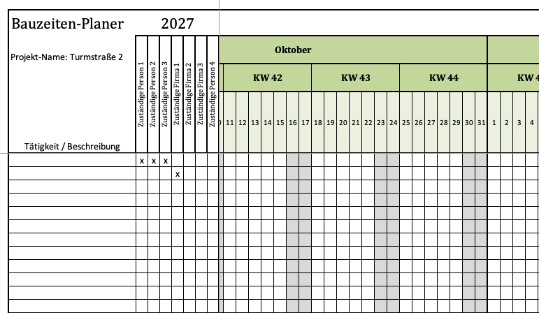 Umfassender Bauzeitenplan für 2027 mit KW-Angaben als Excel-Vorlage
