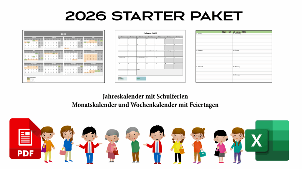 Banner für Jahreskalender mit Schulferien, Monatskalender und Wochenkalender mit Feiertagen