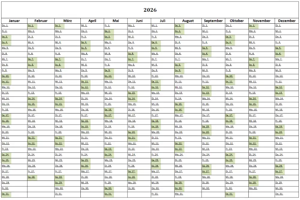 Dynamischer ewiger Jahreskalender als Excel Vorlage (Bildschirmfoto)