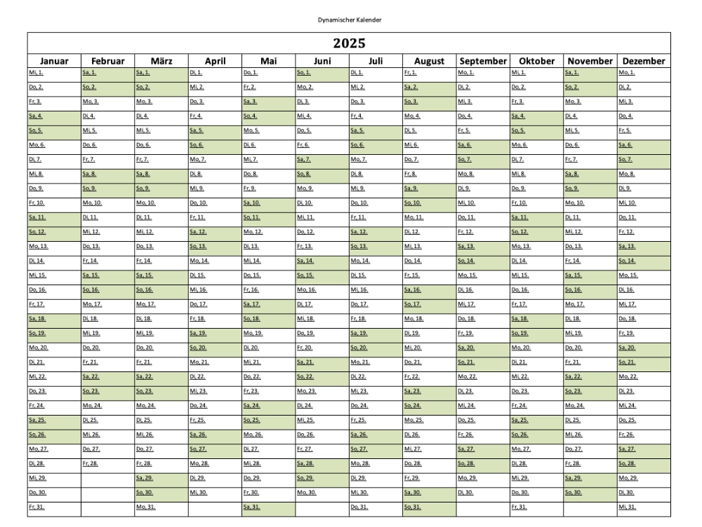 Dynamischer Jahreskalender Excel Vorlage (Bildschirmfoto)