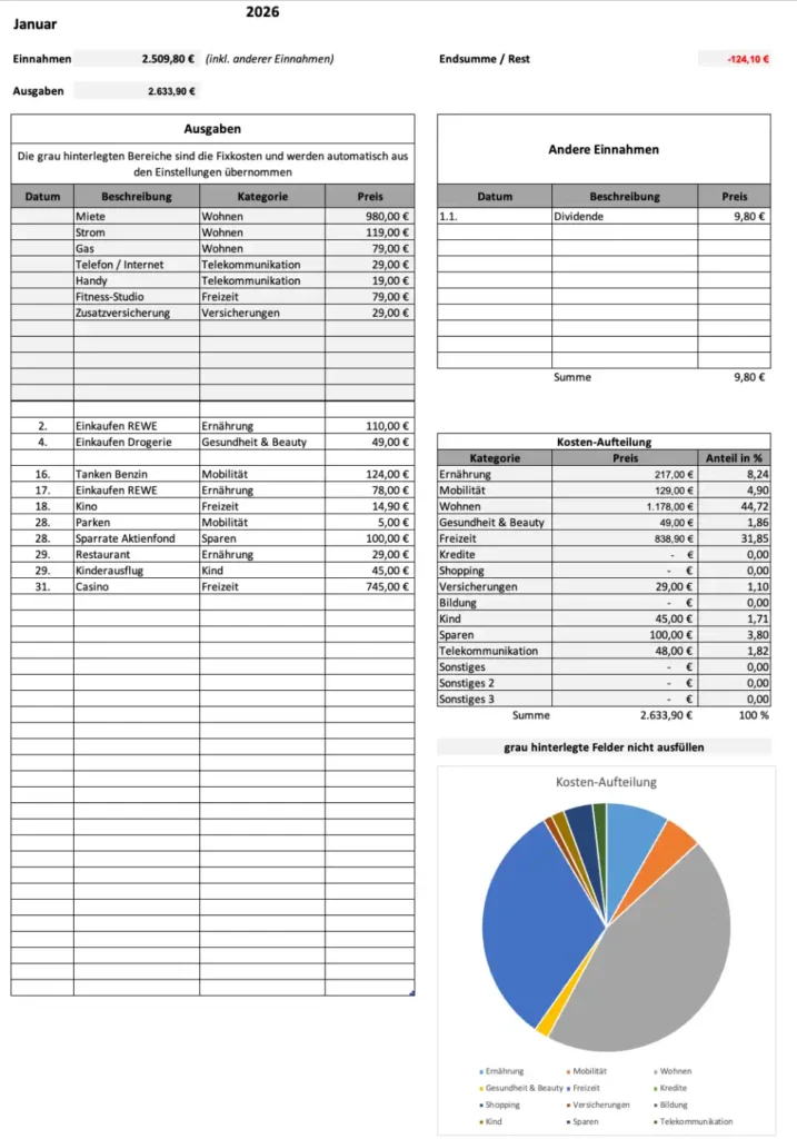 Auswertung des Monats Januar 2026 im Haushaltsbuch PRO (Bildschirmfoto)