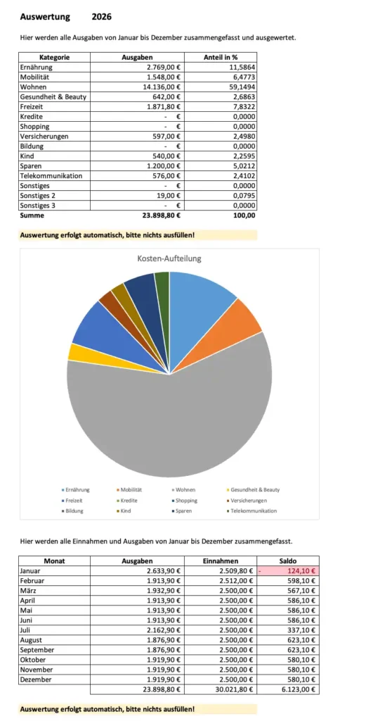 Auswertung der Einnahmen und Ausgaben im Haushaltsbuch PRO für Excel