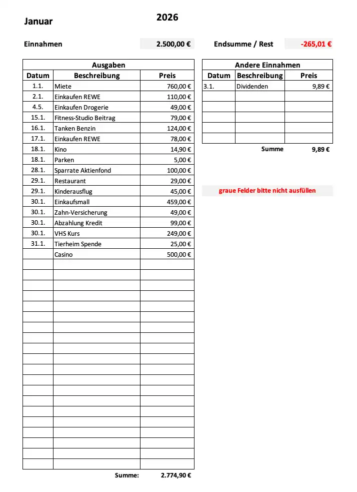 Haushaltsbuch mit Excel mit Beispieldaten für den Monat Januar 2026