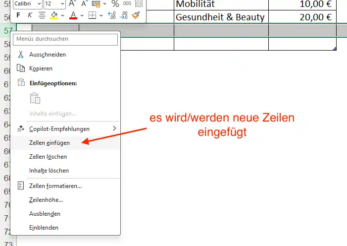 Mit Kontext-Menü Zeilen hinzufügen - Teil 2 Ausgabentabelle verlängern