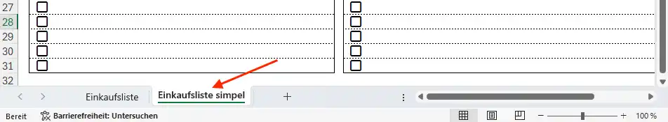 Wahl zwischen der einfachen Einkaufsliste und der strukturierten Einkaufsliste in Excel
