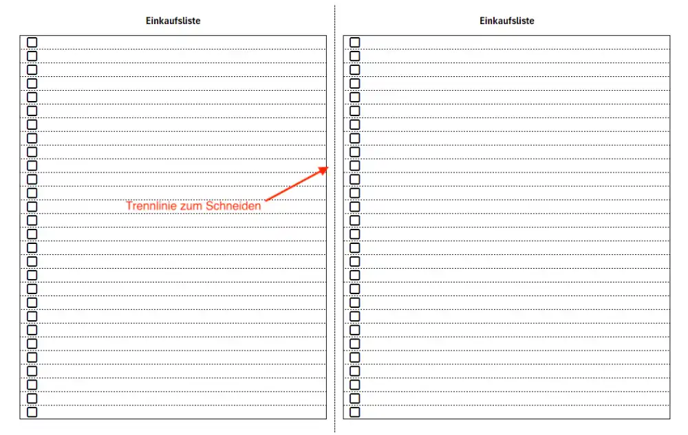 Einkaufszettel als Excel-Vorlage (2 Listen auf DIN A4 mit Trennlinie zum zerschneiden)