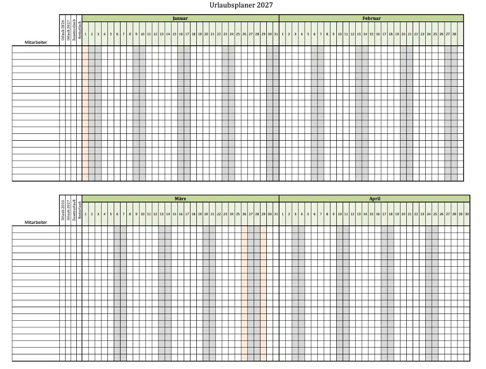 Urlaubsplaner 2027 für bis zu 20 Mitarbeiter (Screenshot der Excel-Vorlage)